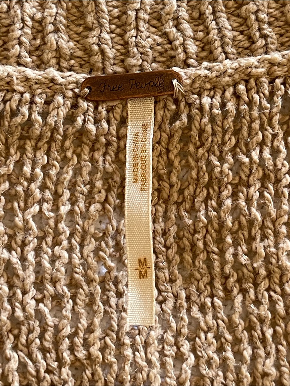 Free People Baja Laguna Coast Oversized Crochet Open Knit Tan V-Neck Sweater - Picture 8 of 10